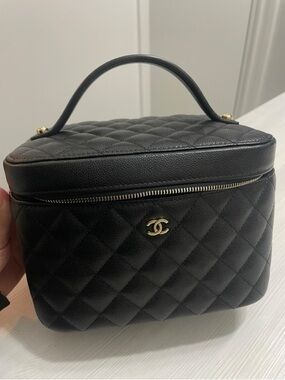 CHANEL Black Quilted Vanity Top-Handle Bag with Gold CC
